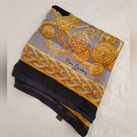 Pierre Cardin Paris 💯 Silk Scarf Gold & Black - Picture 16 of 16